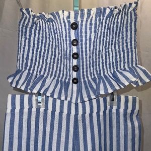 Blue and White Striped Crop Top and Pant Two Piece